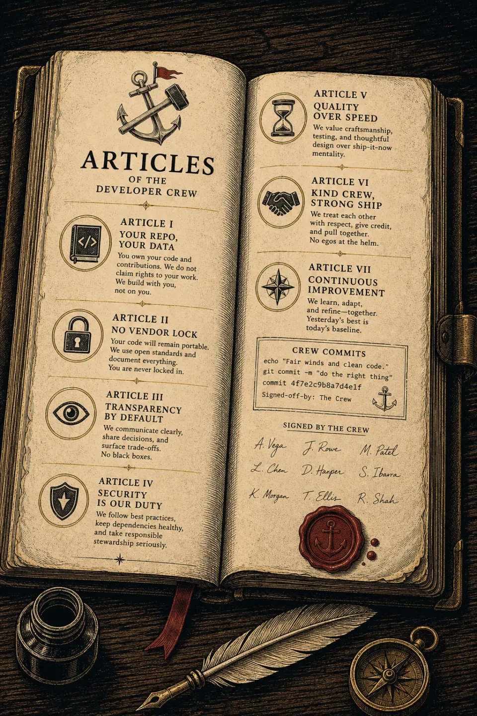 Captain's logbook open to signed articles of conduct with developer references