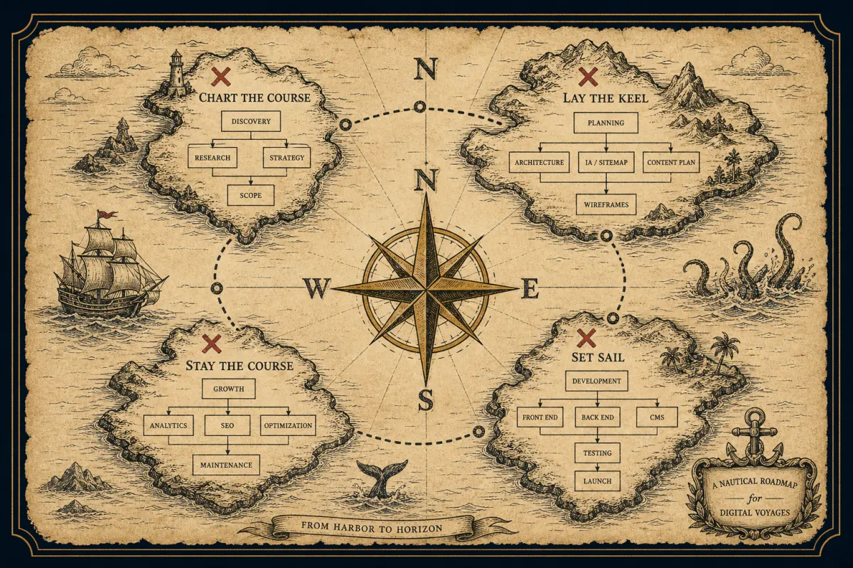 Nautical chart styled as a project roadmap with compass bearings for chart, build, launch, and care phases